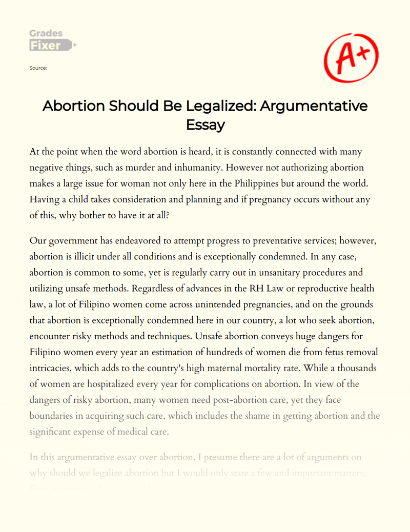 Abortion Should Be Legal Argumentative Essay